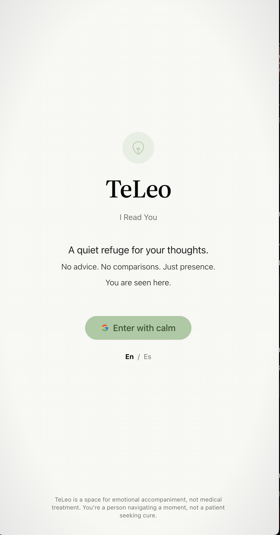 TeLeo welcome screen: 'A quiet refuge for your thoughts'