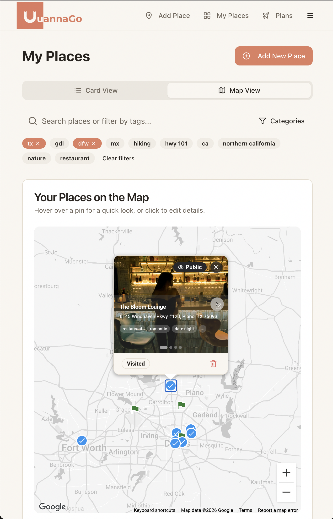 uuannago My Places map with saved spots across Dallas–Fort Worth