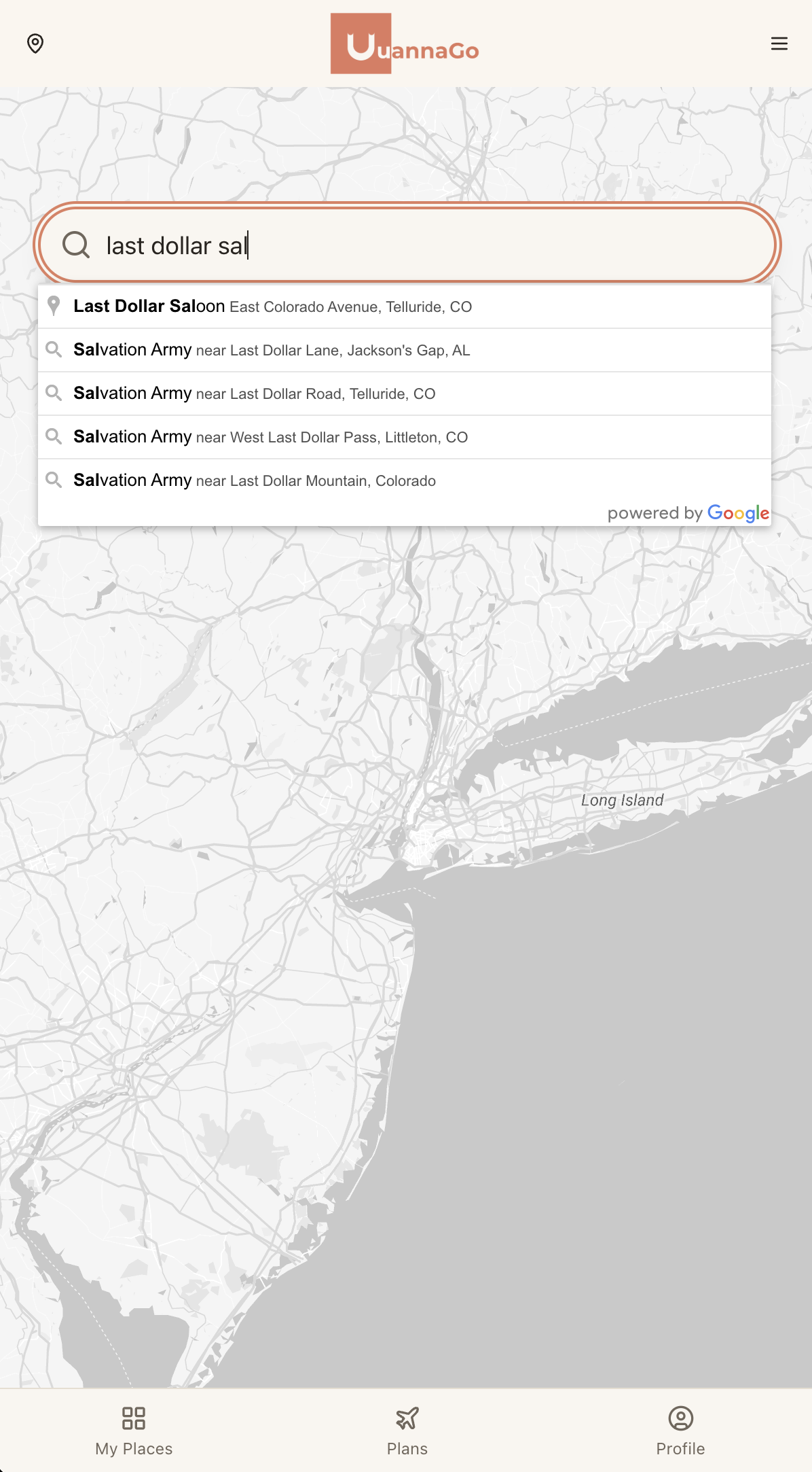 uuannago place search with Google-powered autocomplete