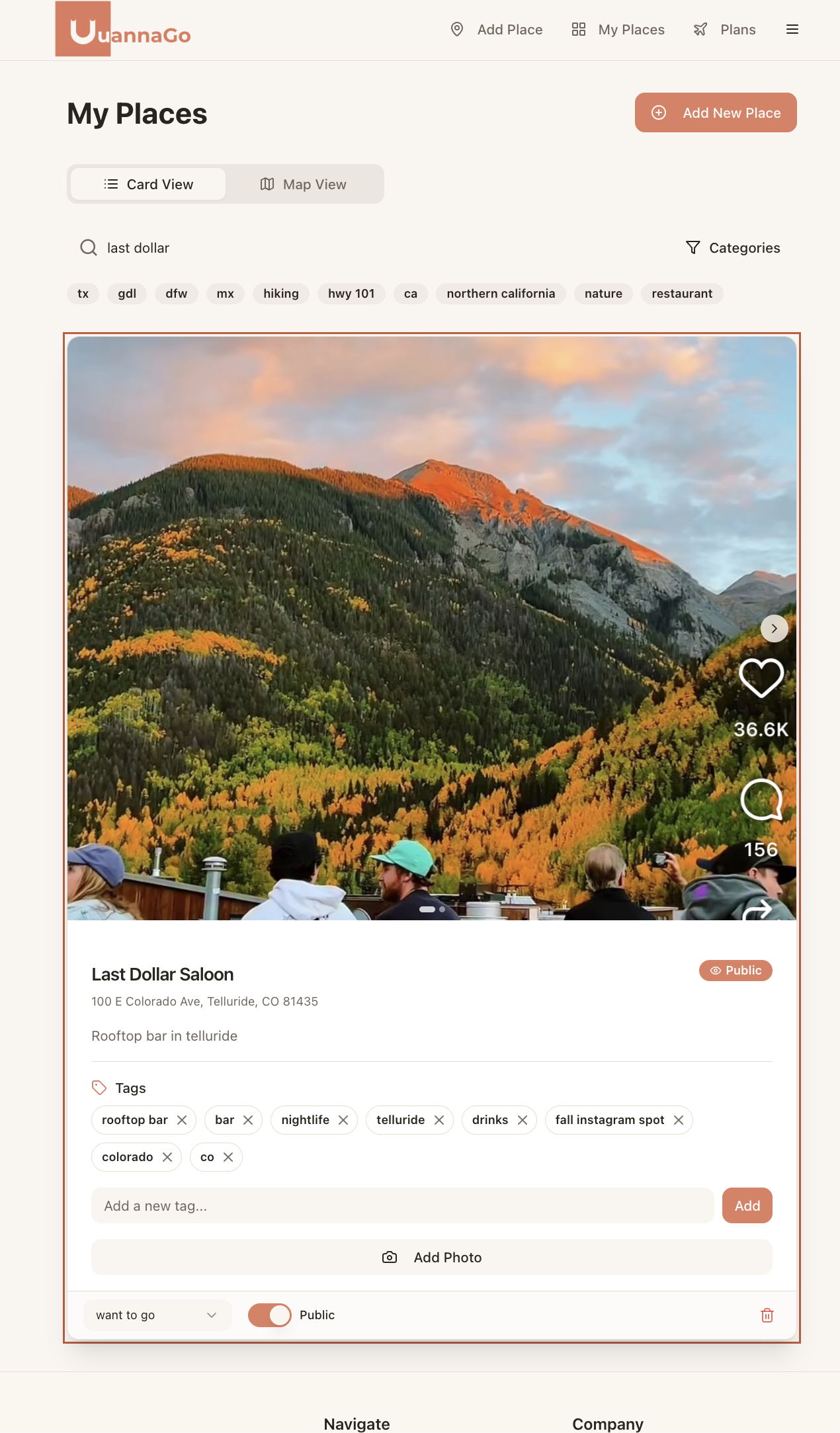 uuannago saved place card with photos and tags