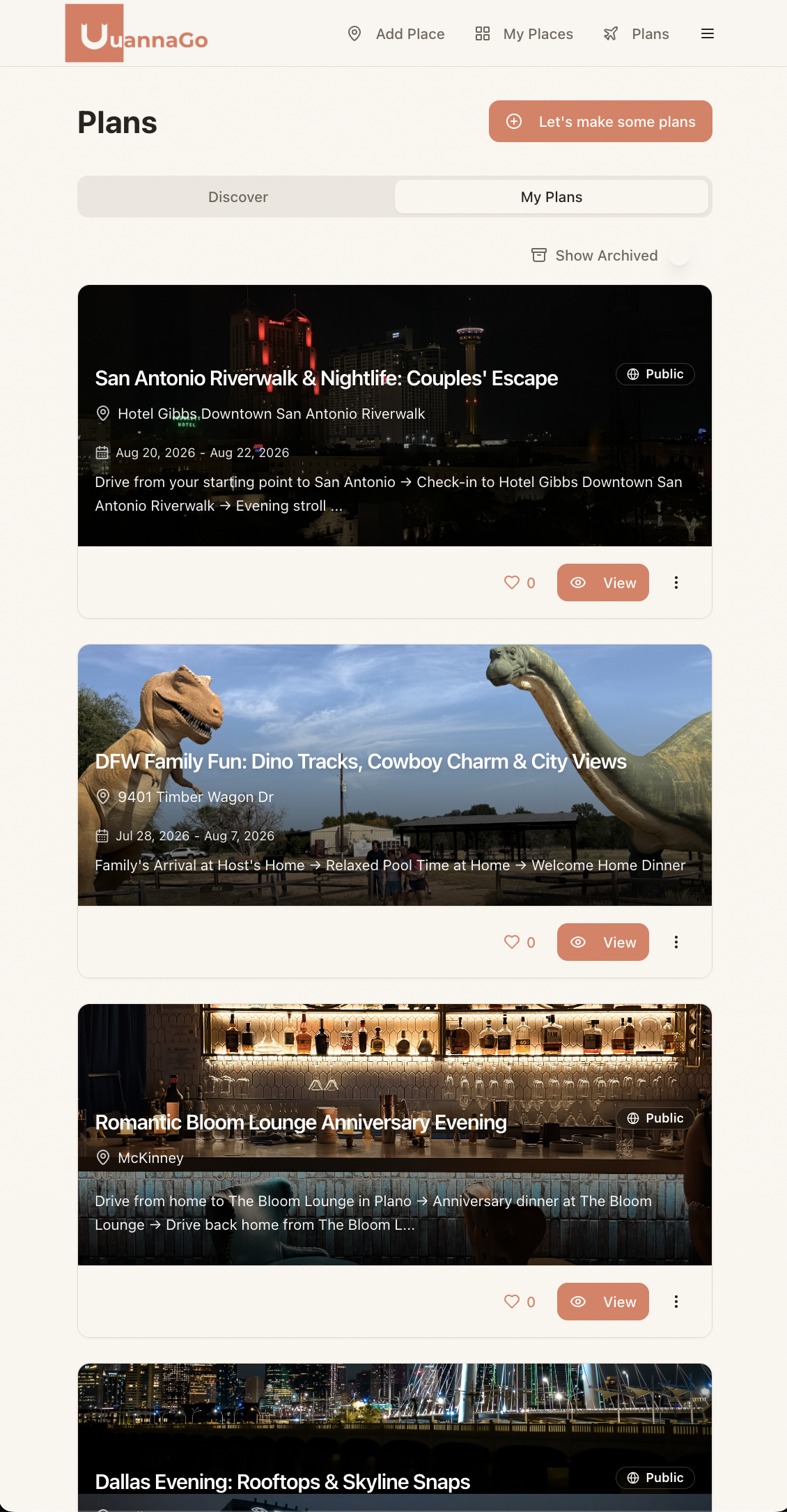 uuannago AI-generated travel plans list